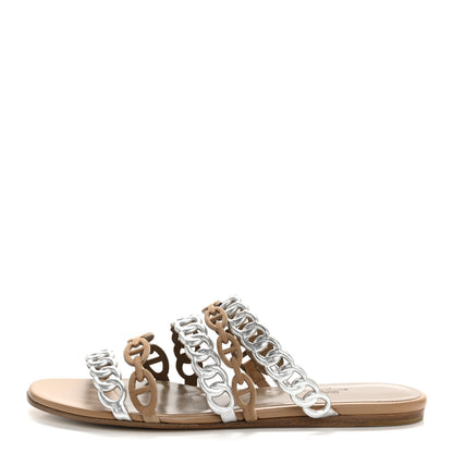 Hermes Metallic Nappa Suede Chaine d'Ancre Nude Sandals 36 Beige Sable Gris Argente 1 of 10