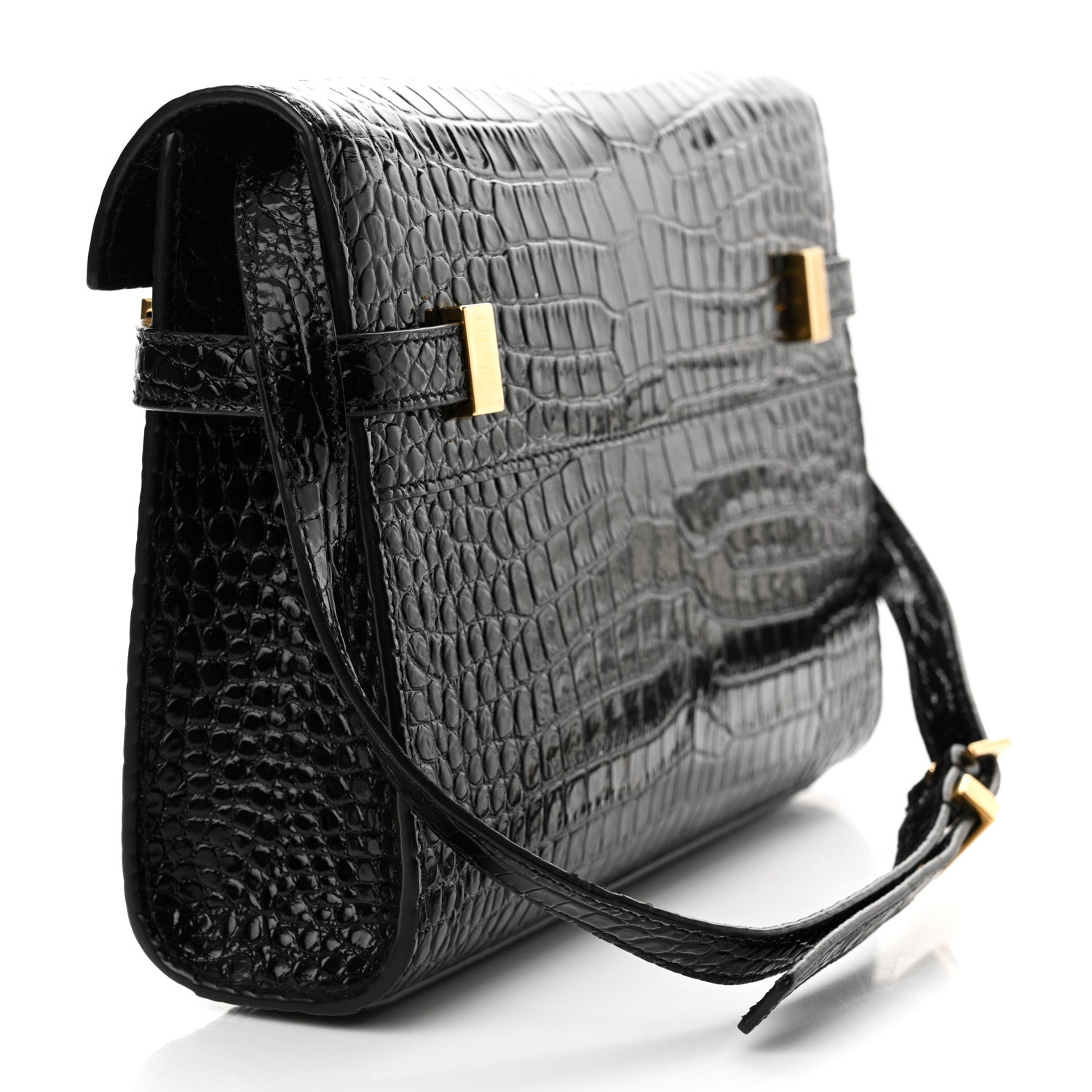 Saint Laurent Shiny Calfskin Crocodile Embossed Small Manhattan Baguette Black 3 of 11