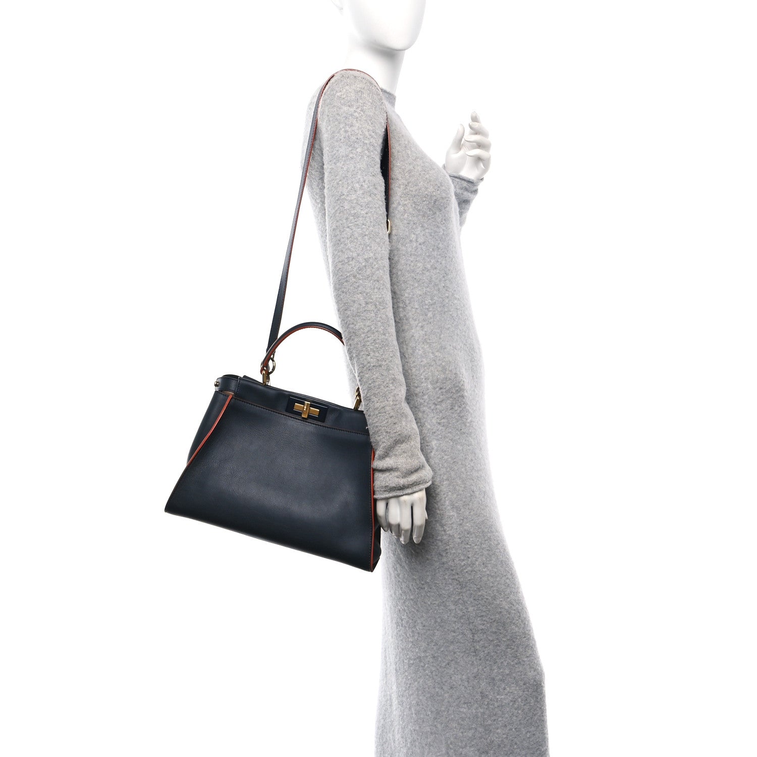 Fendi Vitello Seta Burro Medium Peekaboo Iconic Satchel Blue Notte Plaster 2 of 16