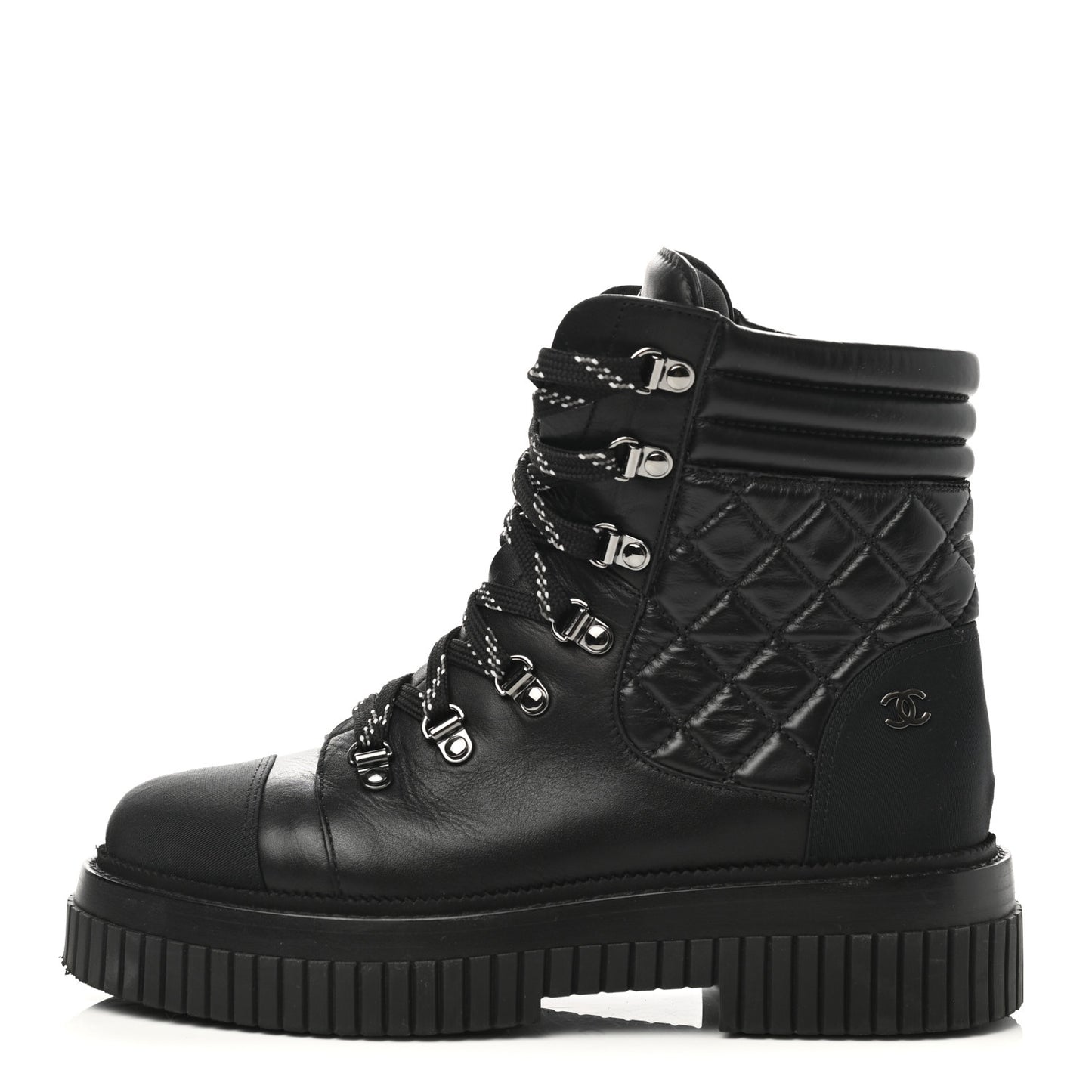 Calfskin Grosgrain Quilted Lace Up Boots 38 Black Grey