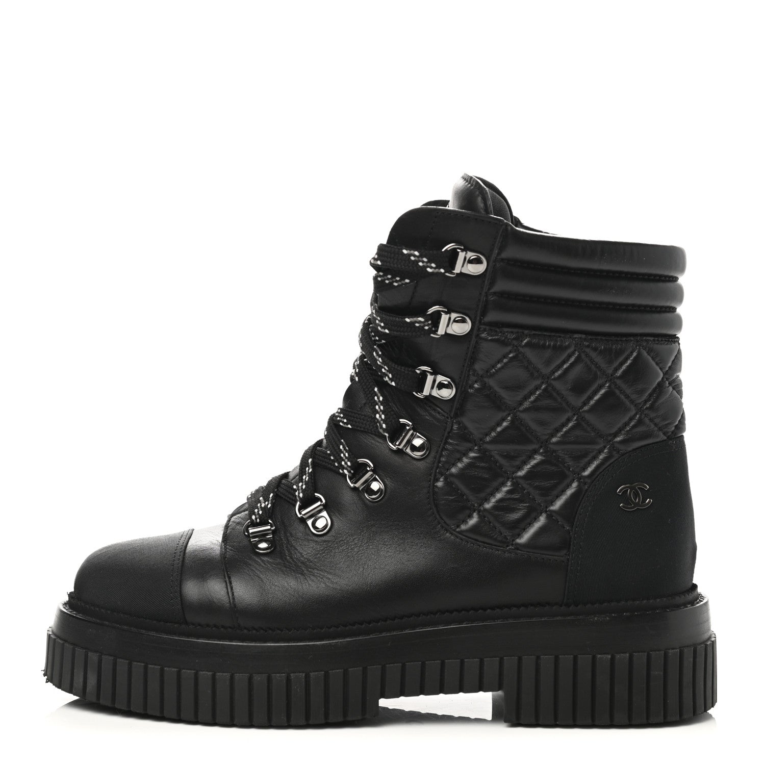 Chanel Calfskin Grosgrain Quilted Lace Up Boots 38 Black Grey 1 of 8