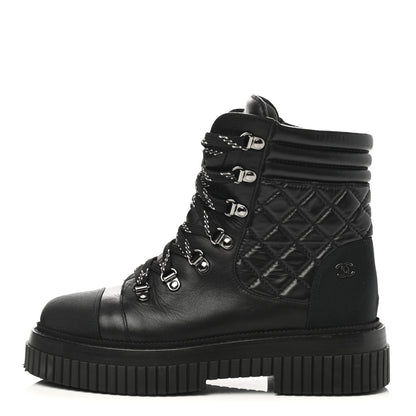 Chanel Calfskin Grosgrain Quilted Lace Up Boots 38 Black Grey 1 of 8