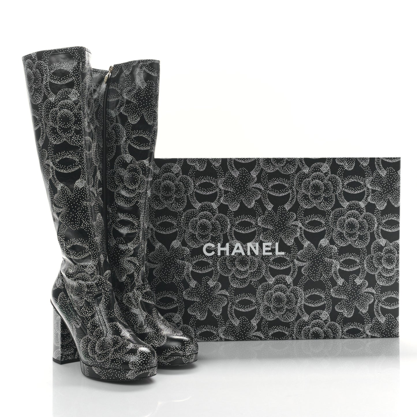 Calfskin Camellia Printed High Boots 40 Black White