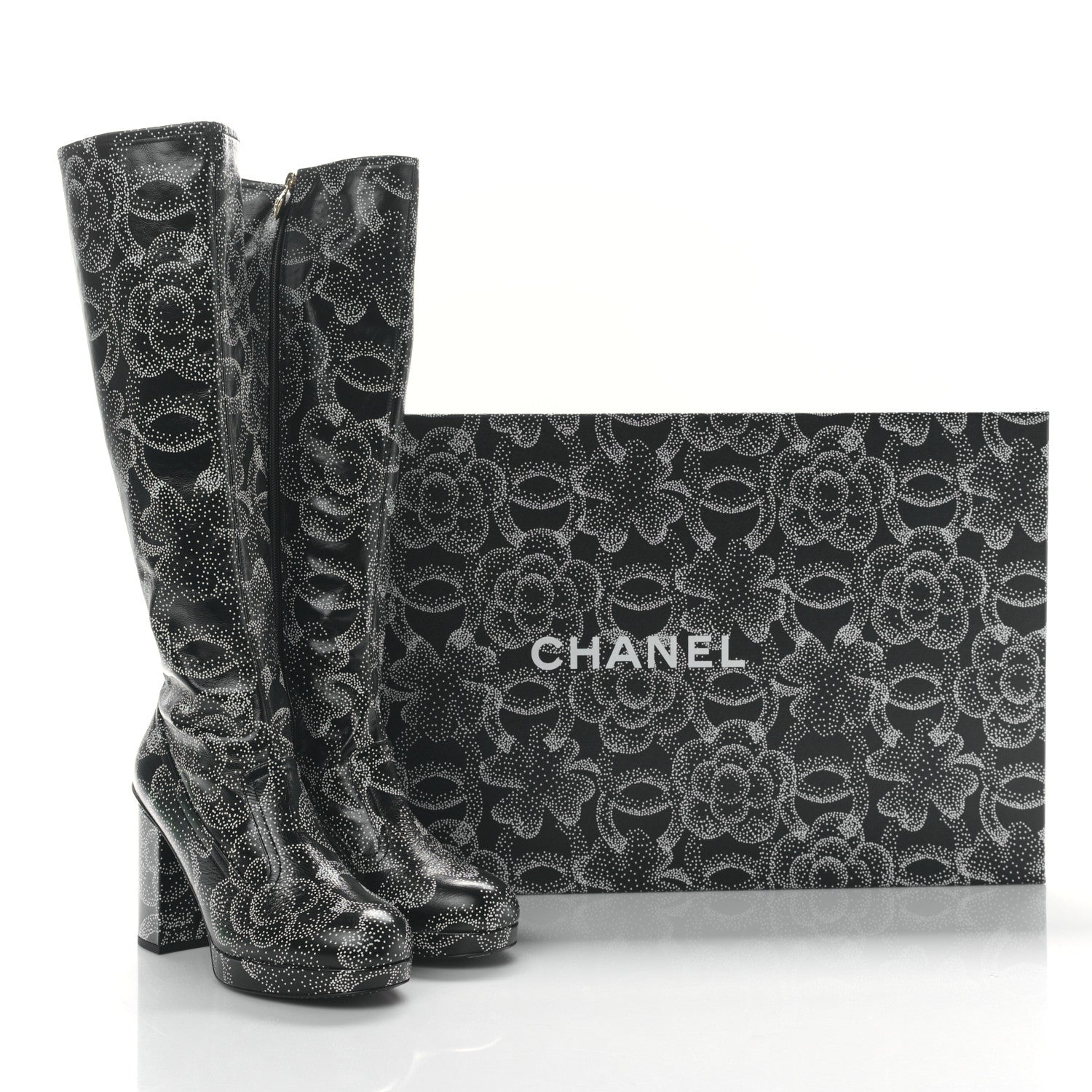 Chanel Calfskin Camellia Printed High Boots 40 Black White 8 of 8