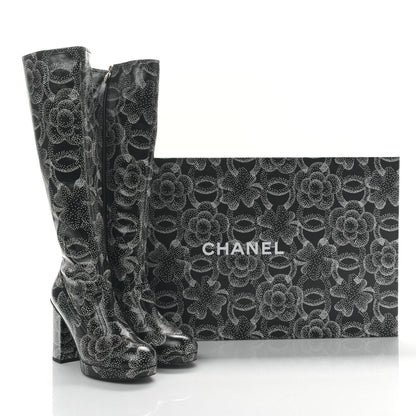 Chanel Calfskin Camellia Printed High Boots 40 Black White 8 of 8