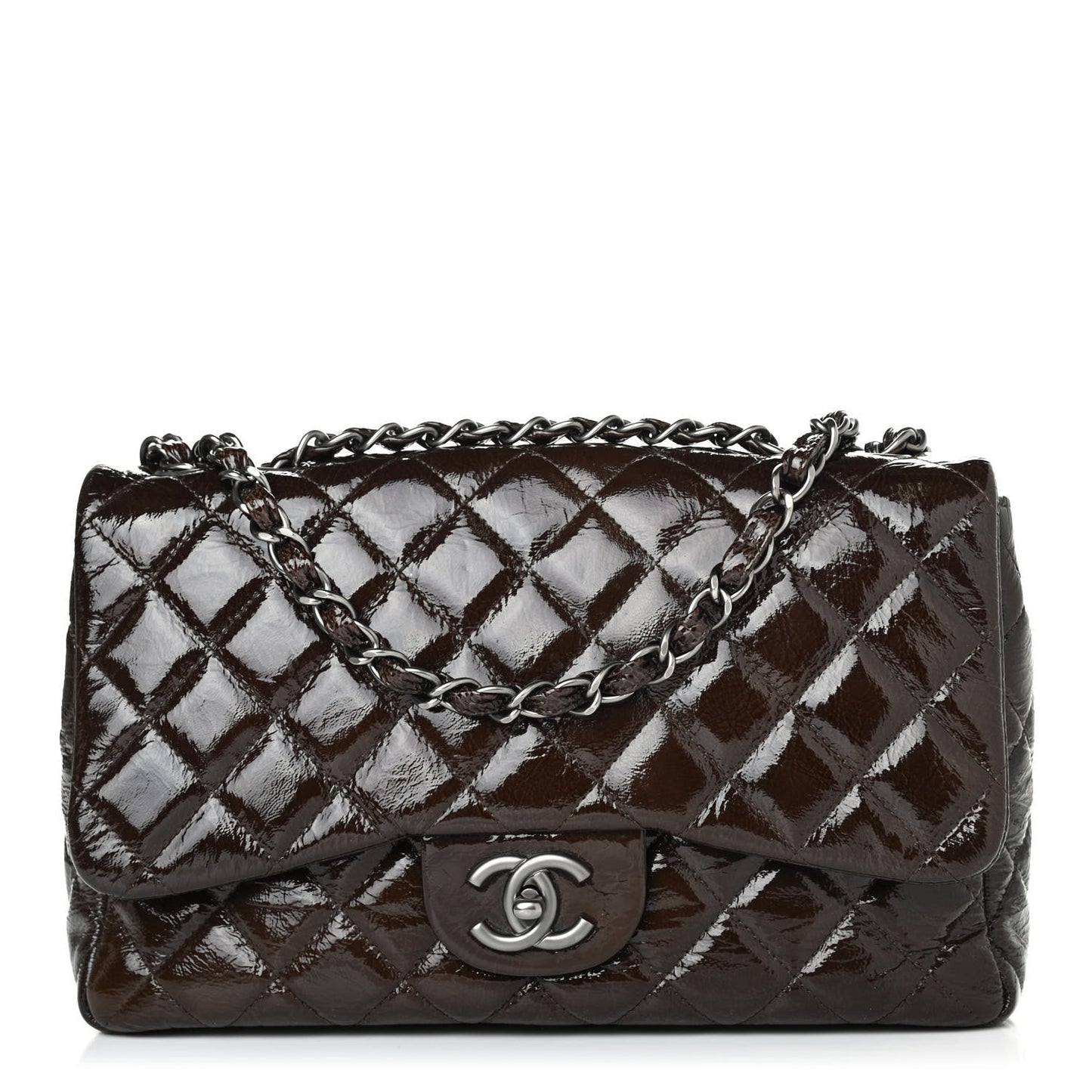 Crinkled Patent Quilted Jumbo Single Flap Dark Brown
