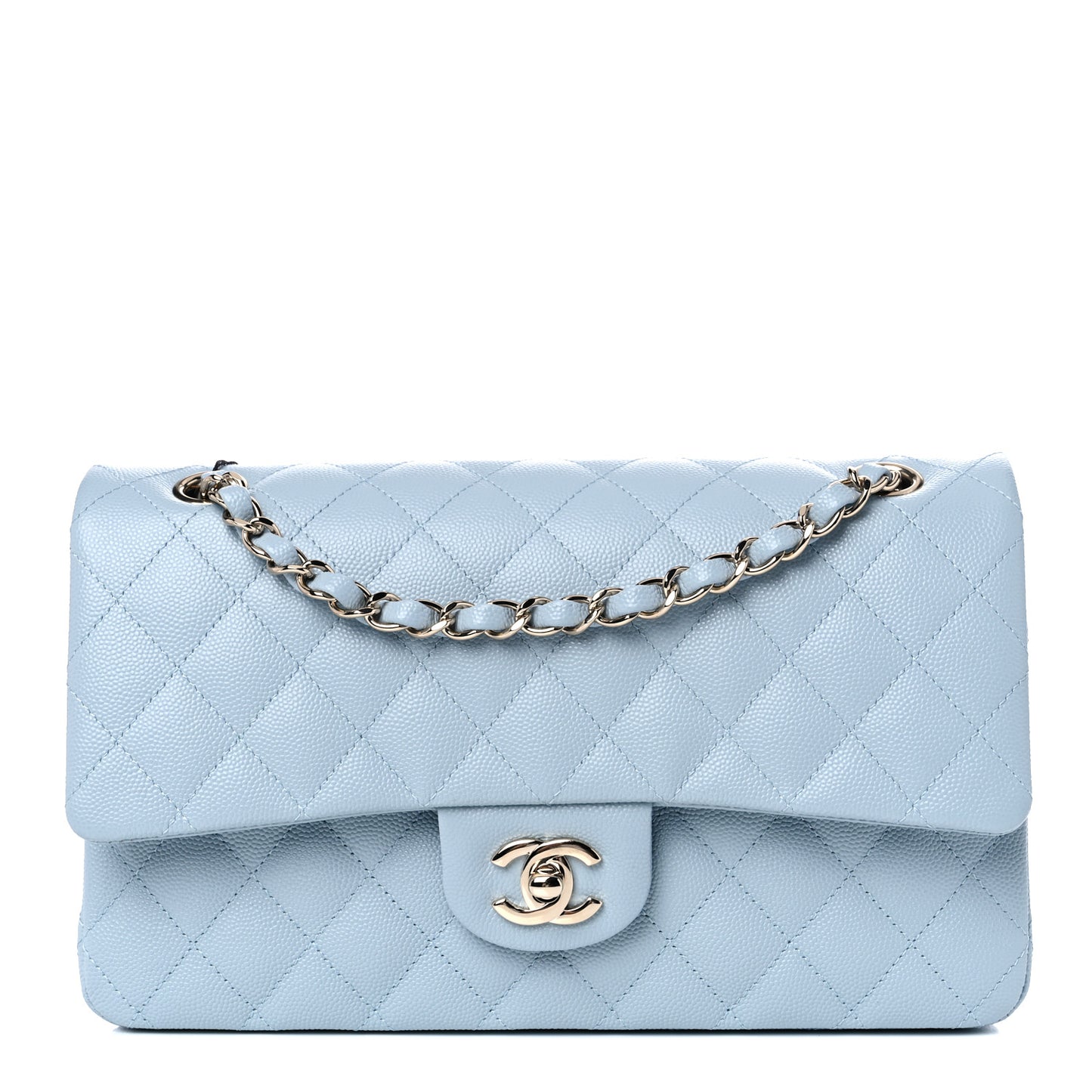 Caviar Quilted Medium Double Flap Light Blue
