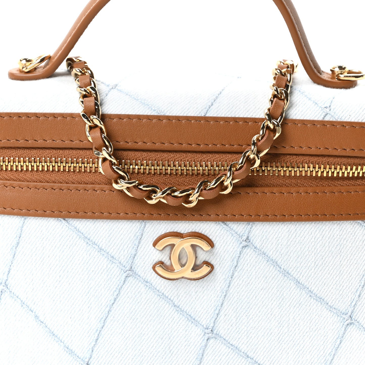 Washed Denim Calfskin Quilted Top Handle Slim Vanity Case With Chain Blue Brown
