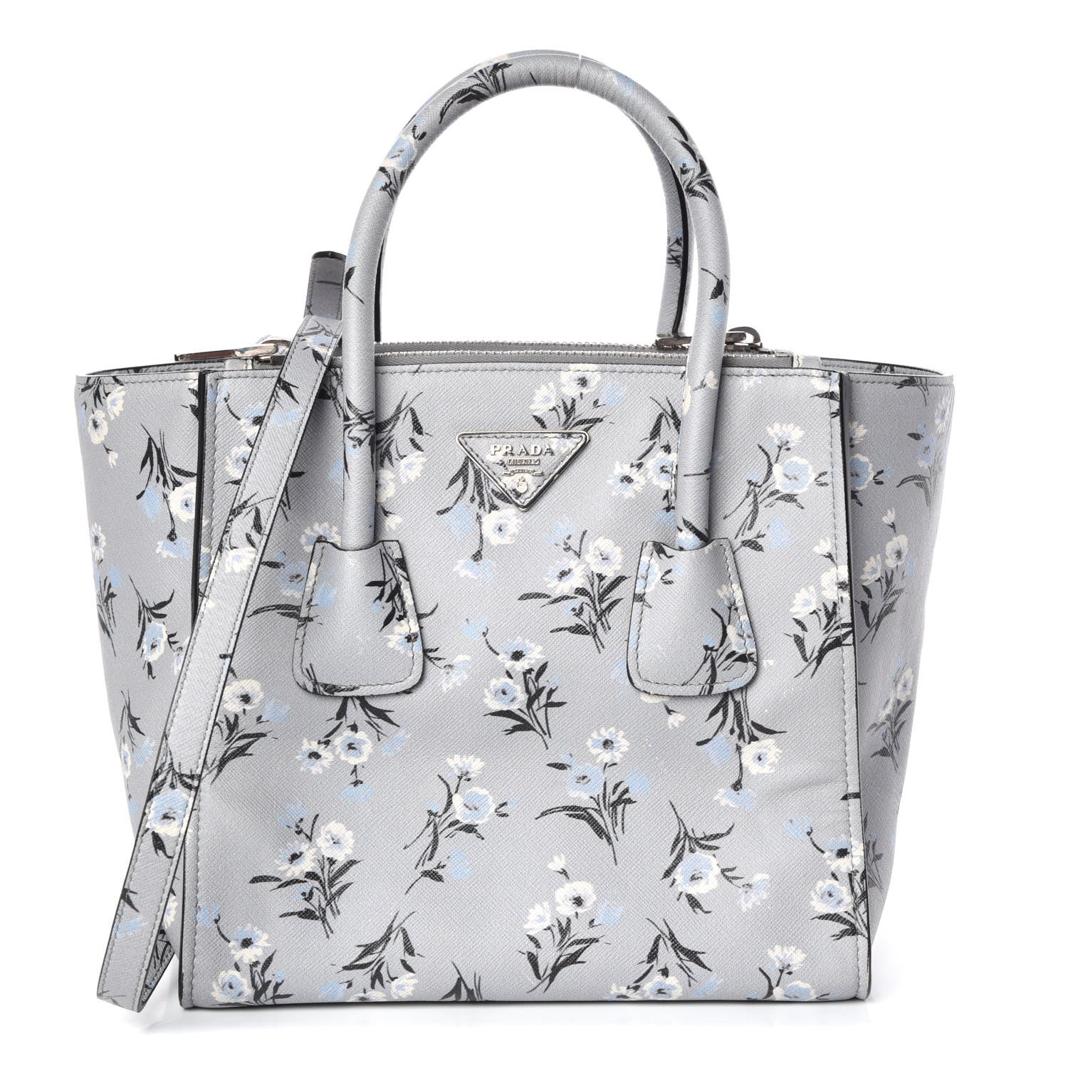 Prada Soft Saffiano Floral Print Twin Pocket Tote Acciaio 1 of 7