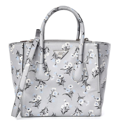 Prada Soft Saffiano Floral Print Twin Pocket Tote Acciaio 1 of 7