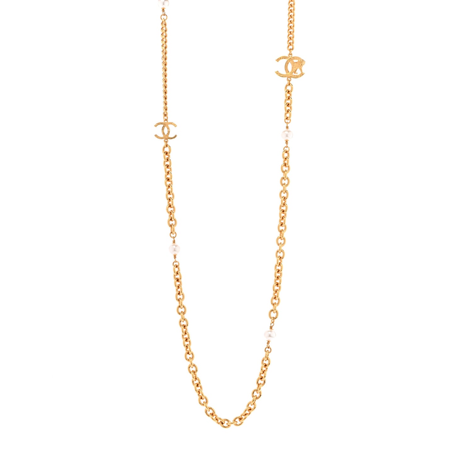 Pearl Quilted CC Long Necklace Light Gold