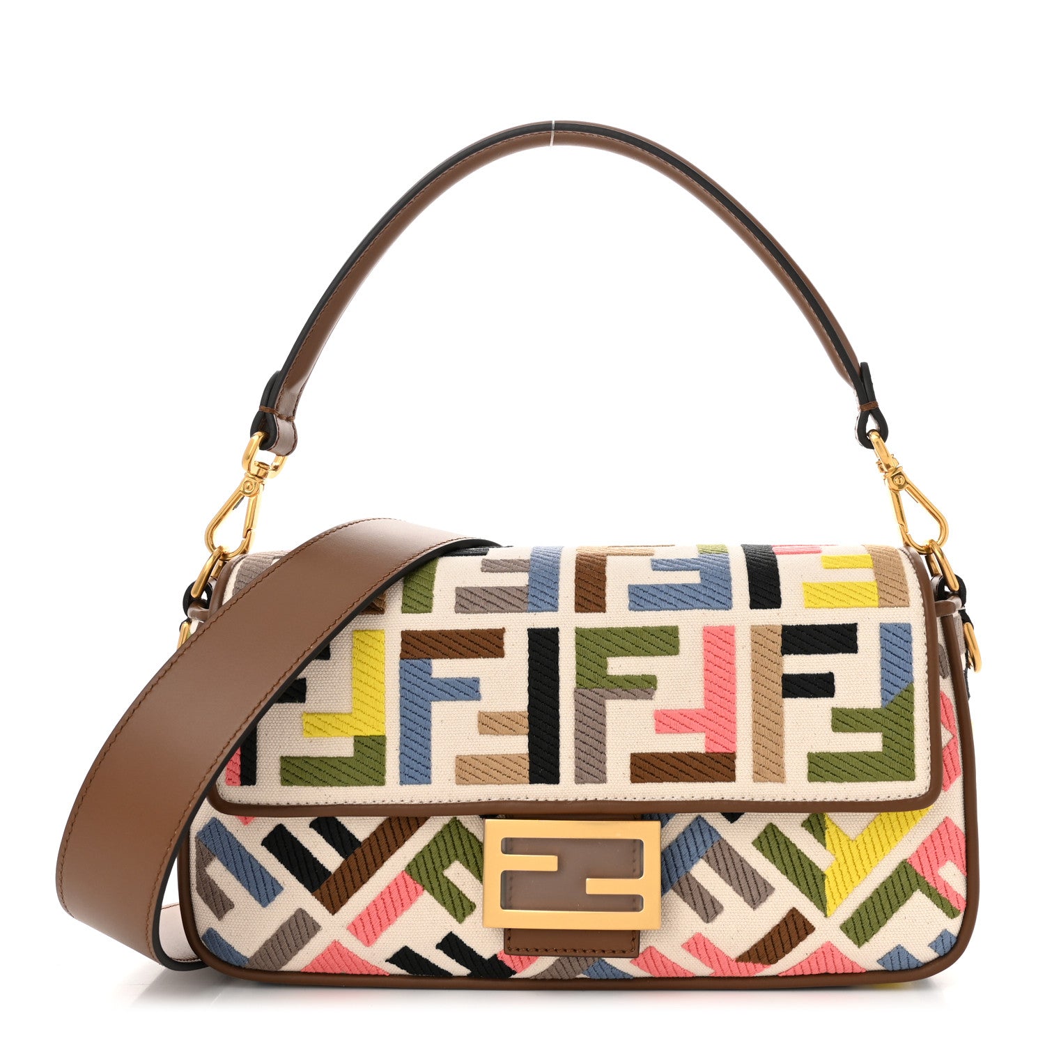 Fendi Canvas Ricamo Vitello King FF Multicolor Embroidered Baguette Grezzo Multicolor Gianduia 1 of 10