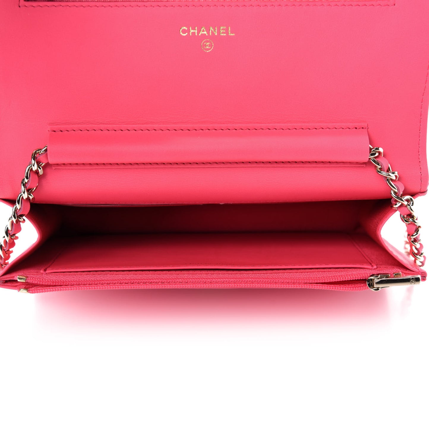 Patent Calfskin Quilted Wallet On Chain WOC Pink