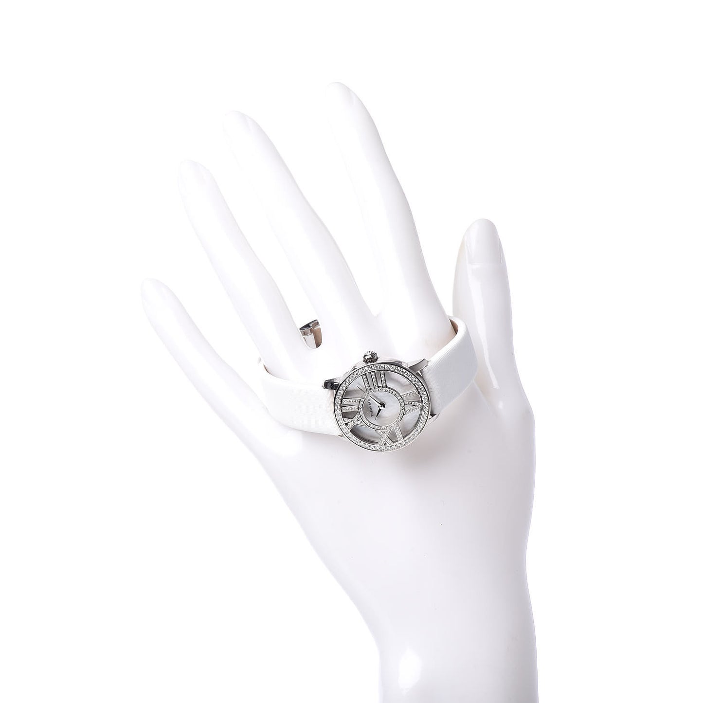 18K White Gold Satin Diamond Mother of Pearl 26mm Atlas Round Cocktail Quartz Watch