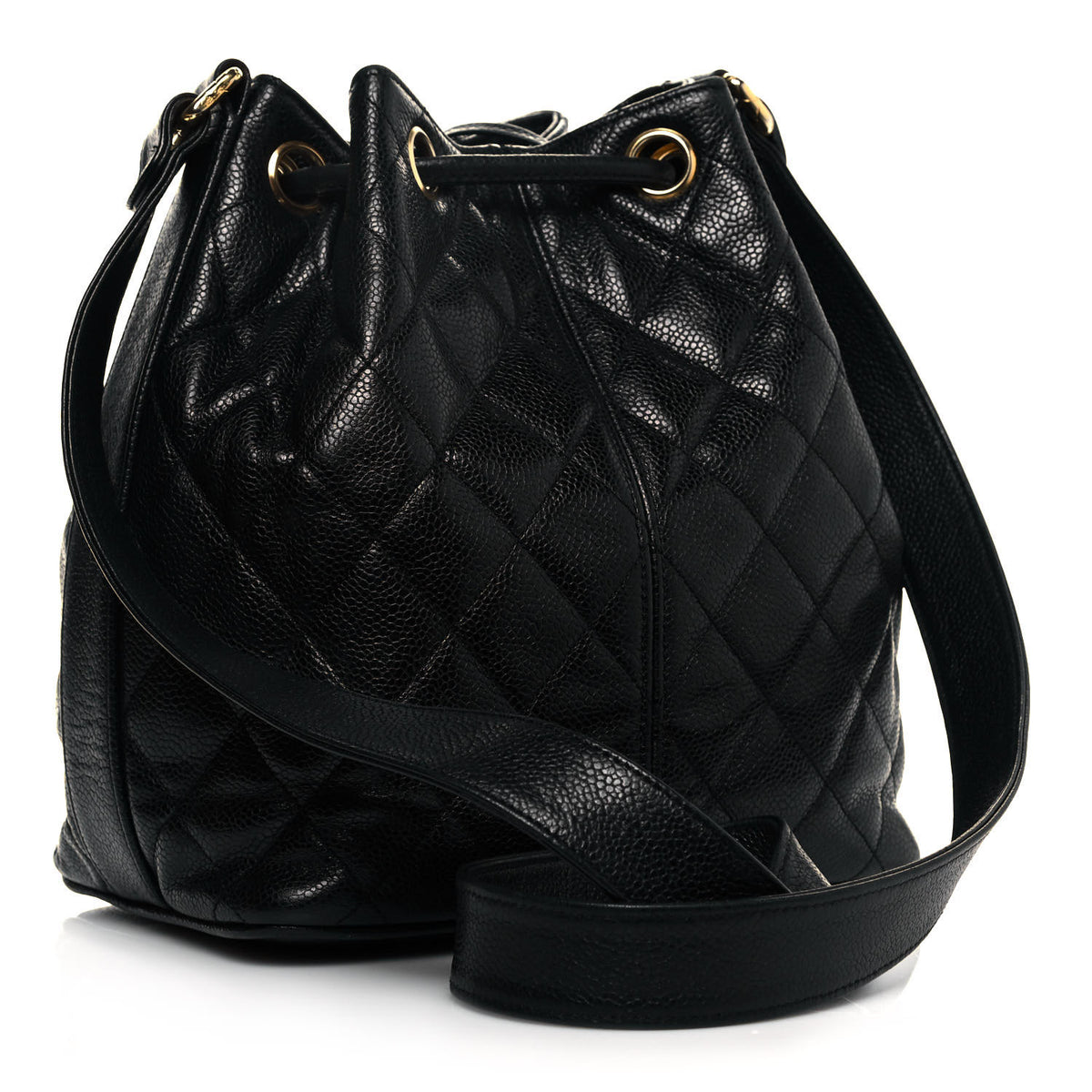 Caviar Quilted Drawstring Bucket Bag Black