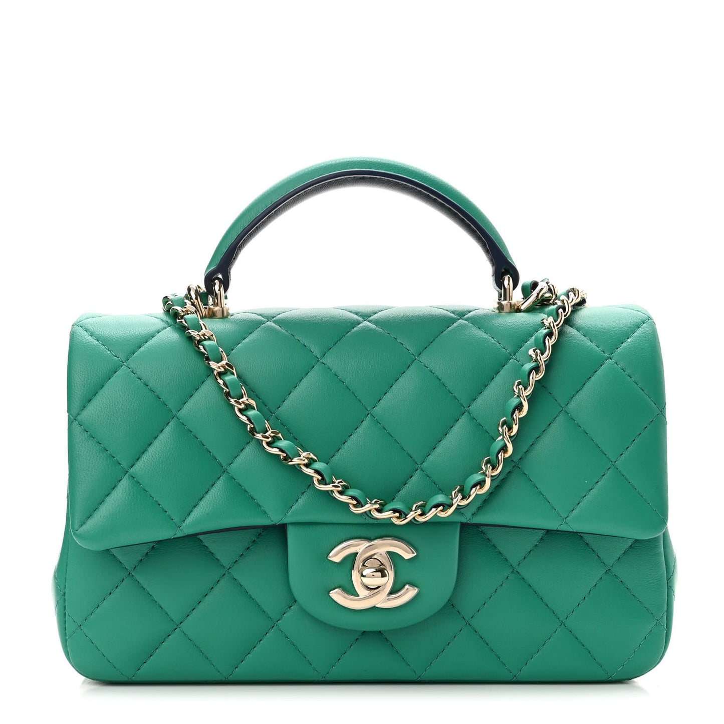 Lambskin Quilted Bi-Color Mini Top Handle Rectangular Flap Green Dark Blue