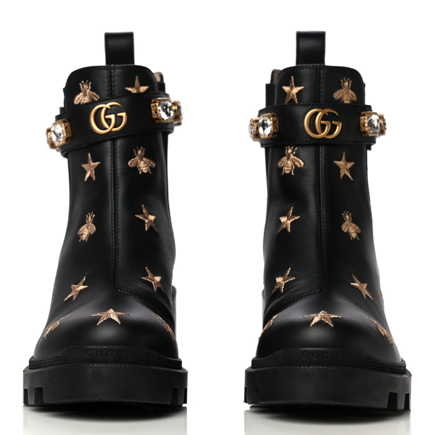 Gucci Calfskin Bee Star Embroidered Belt Ankle Boots 39.5 Black 2 of 9