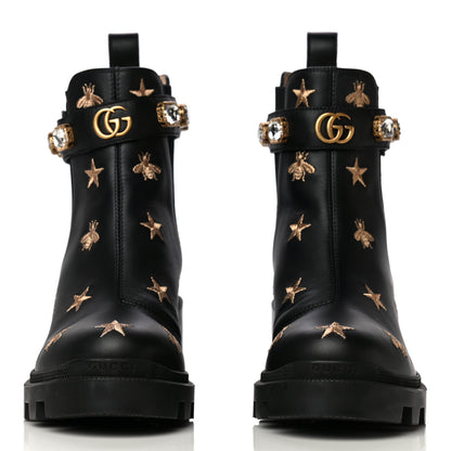 Gucci Calfskin Bee Star Embroidered Belt Ankle Boots 39.5 Black 2 of 9