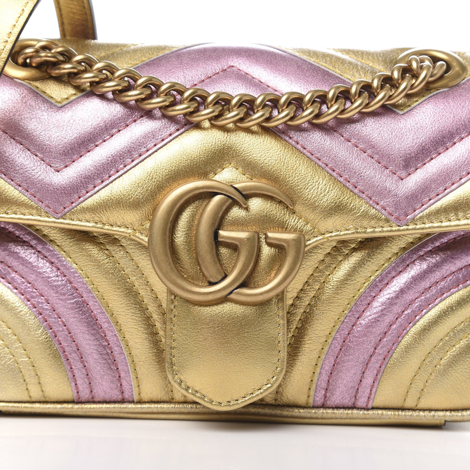 Gucci Metallic Calfskin Matelasse Mini GG Marmont Shoulder Bag Gold Pink 9 of 9