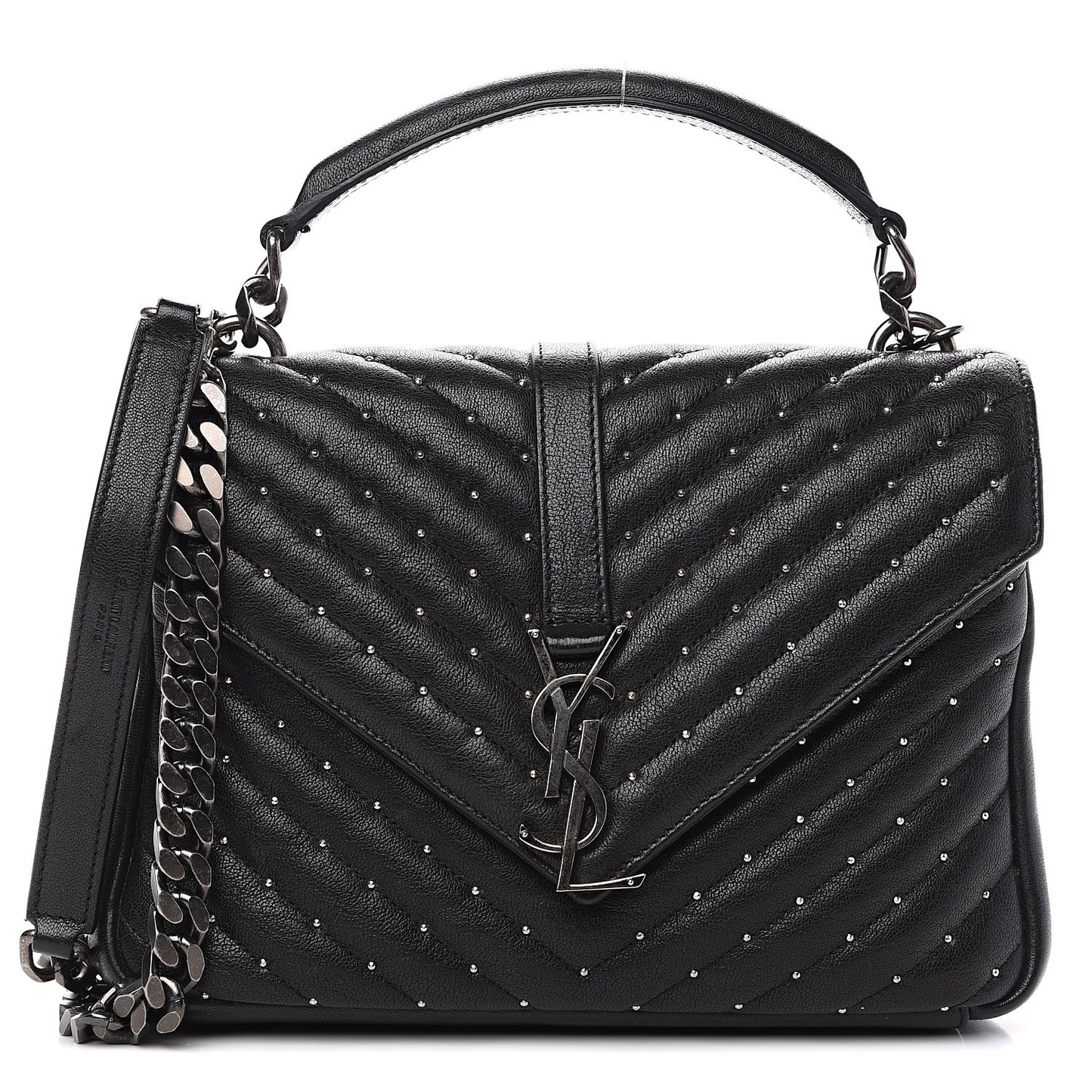 Lambskin Matelasse Chevron Studded Monogram Medium College Bag Black