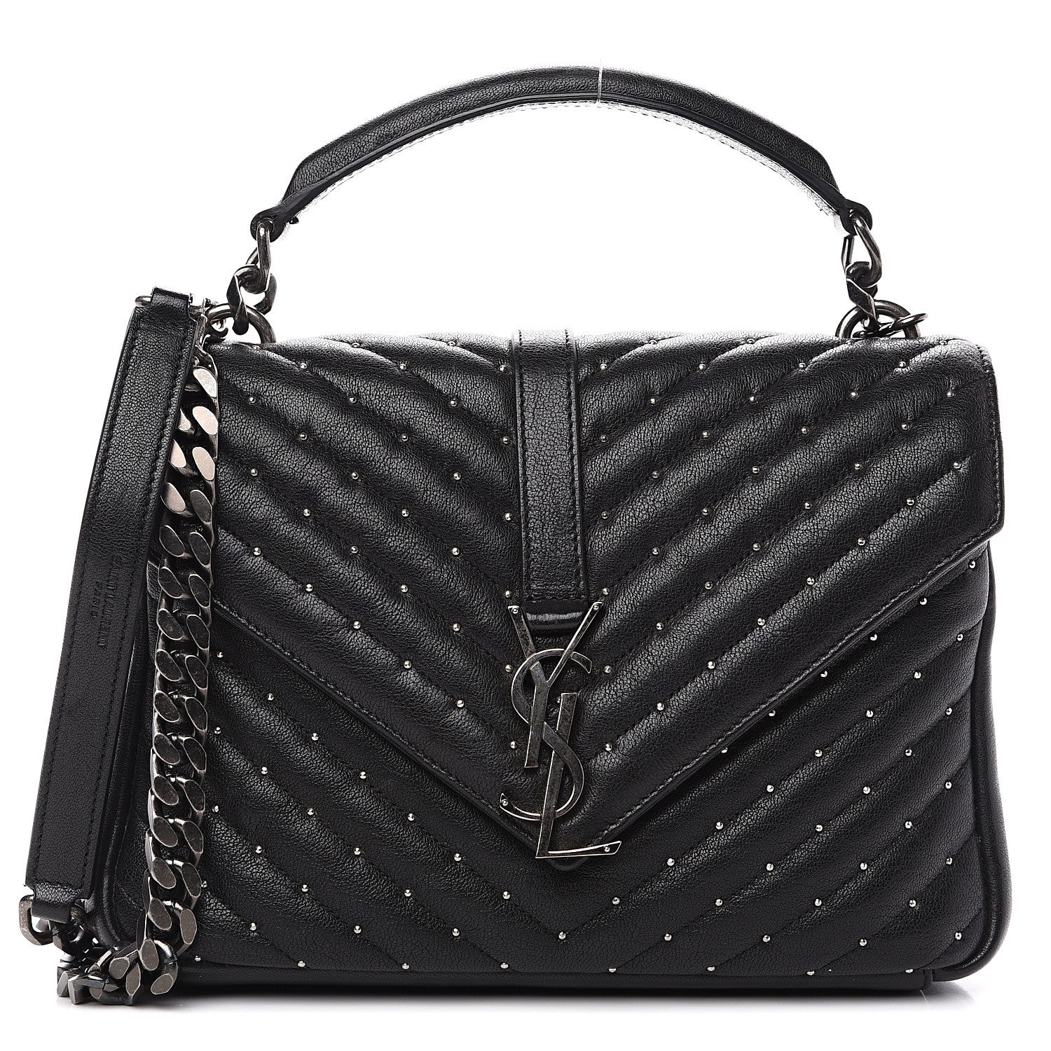 Saint Laurent Lambskin Matelasse Chevron Studded Monogram Medium College Bag Black 1 of 14