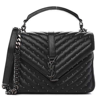 Saint Laurent Lambskin Matelasse Chevron Studded Monogram Medium College Bag Black 1 of 14