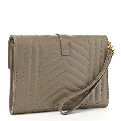 Saint Laurent Grain De Poudre Textured Mixed Matelasse Triquilt Monogram Clutch Greyish Brown 3 of 7