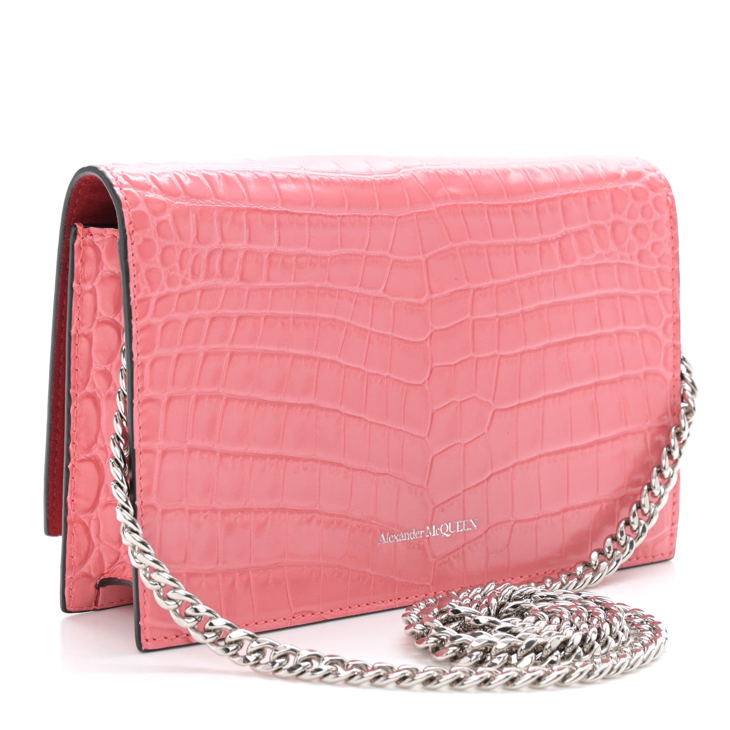 Alexander McQueen Calfskin Crocodile Embossed Skull Mini Crossbody Bag Coral 3 of 10