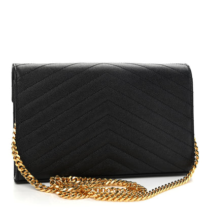 Saint Laurent Grain De Poudre Matelasse Chevron Monogram Chain Wallet Black 3 of 8