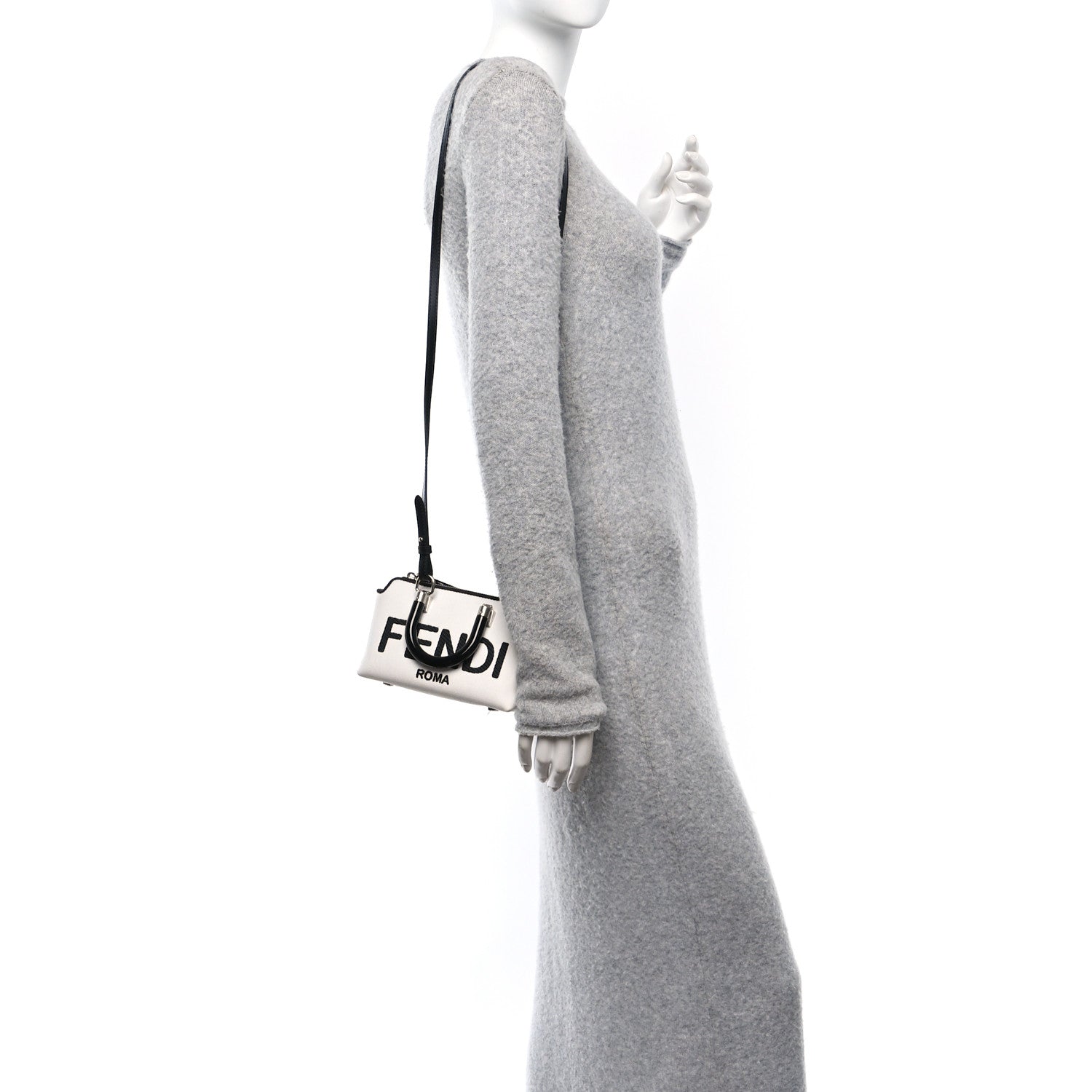 Fendi Canvas Vitello King Plexiglass Logo Embroidered Mini By The Way Top Handle Boston Bag White Rice Black 2 of 11