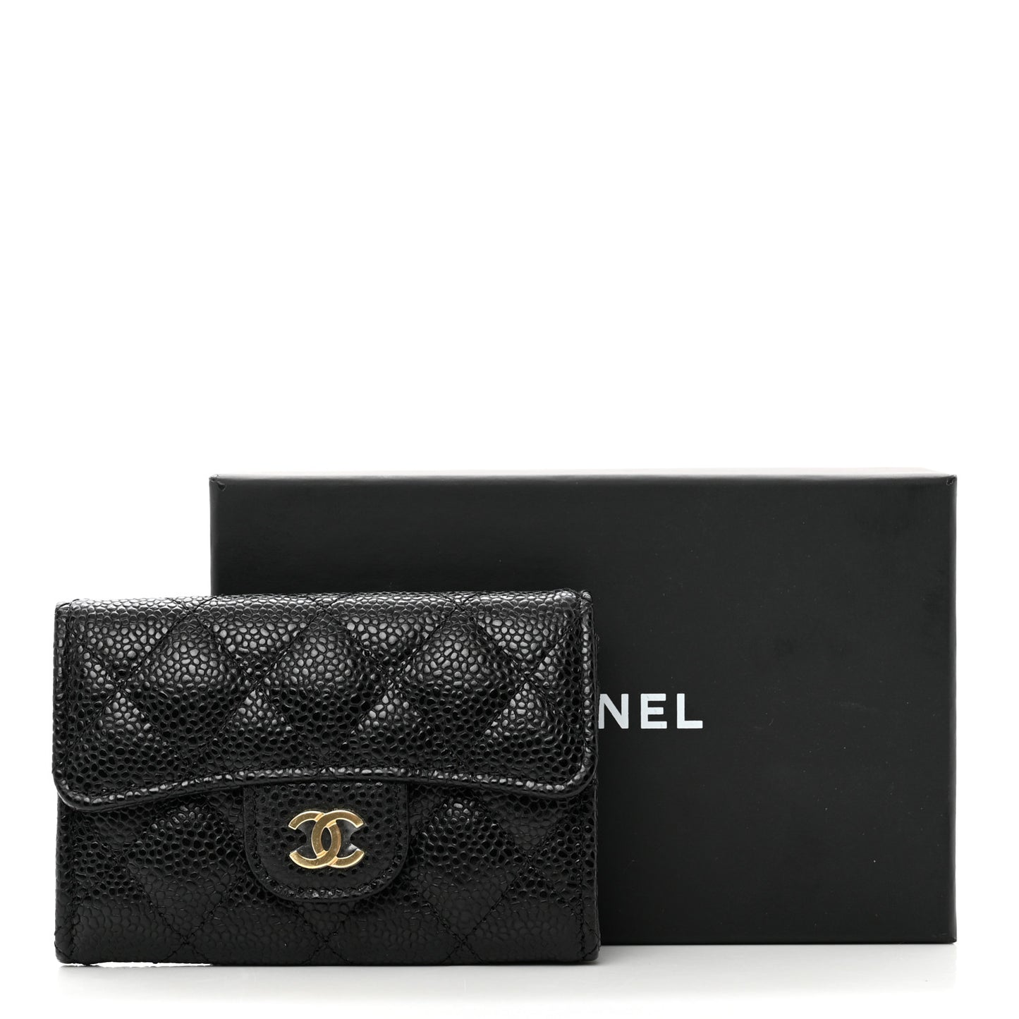 Caviar Quilted Flap Card Holder Wallet Black