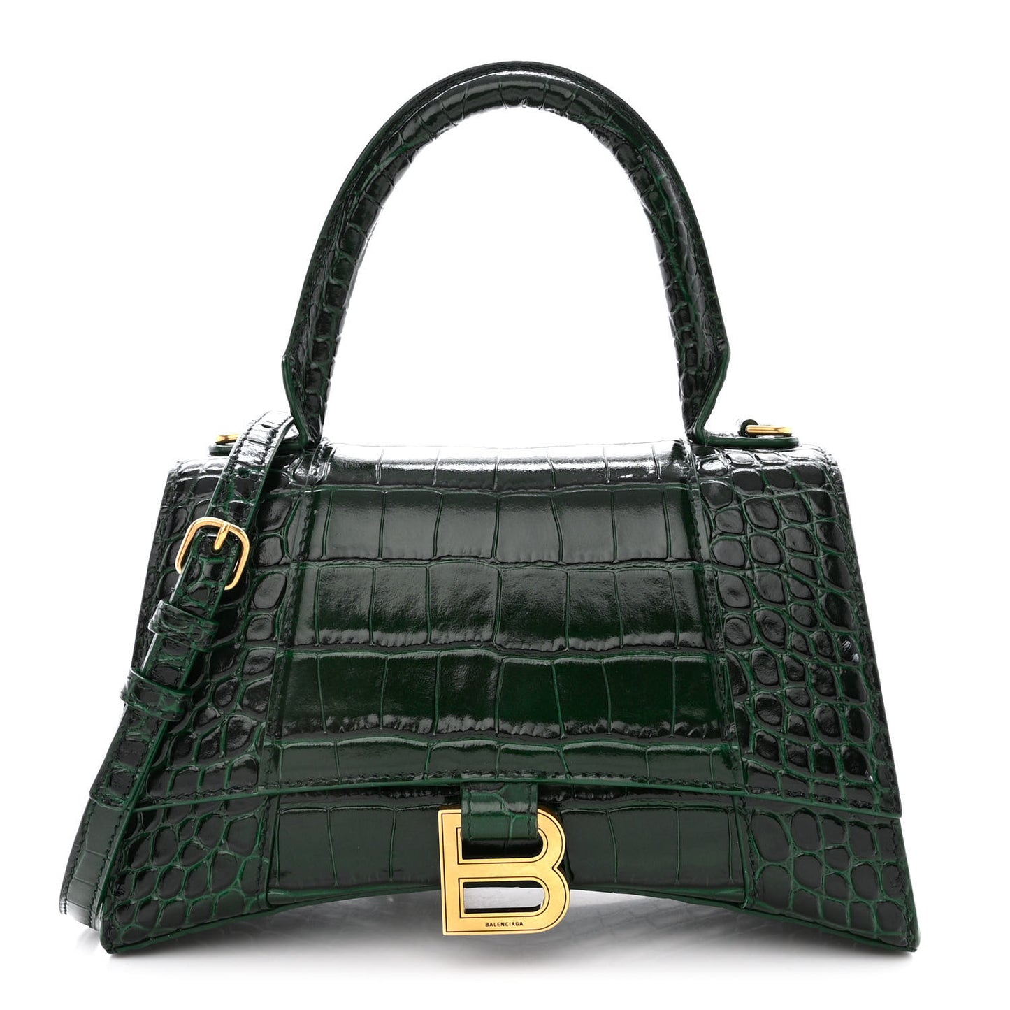 Shiny Calfskin Crocodile Embossed Small Hourglass Top Handle Bag Forest Green