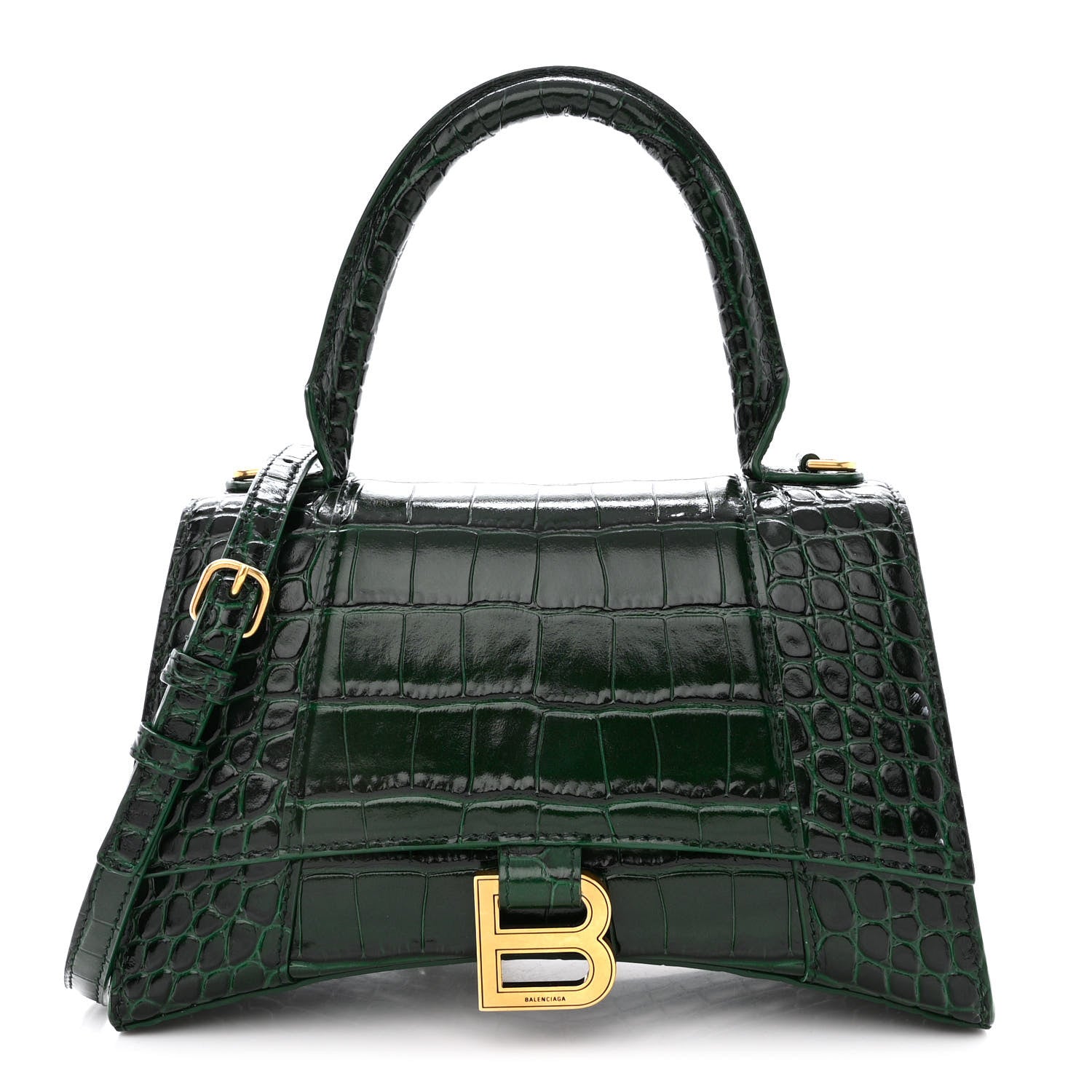 Balenciaga Shiny Calfskin Crocodile Embossed Small Hourglass Top Handle Bag Forest Green 1 of 11
