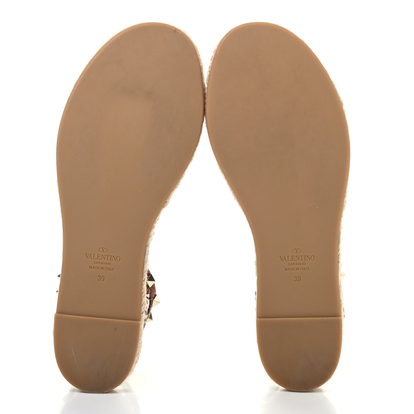 Grained Calfskin Rockstud Ankle Strap Espadrille Flat Sandals 39 Cuoio