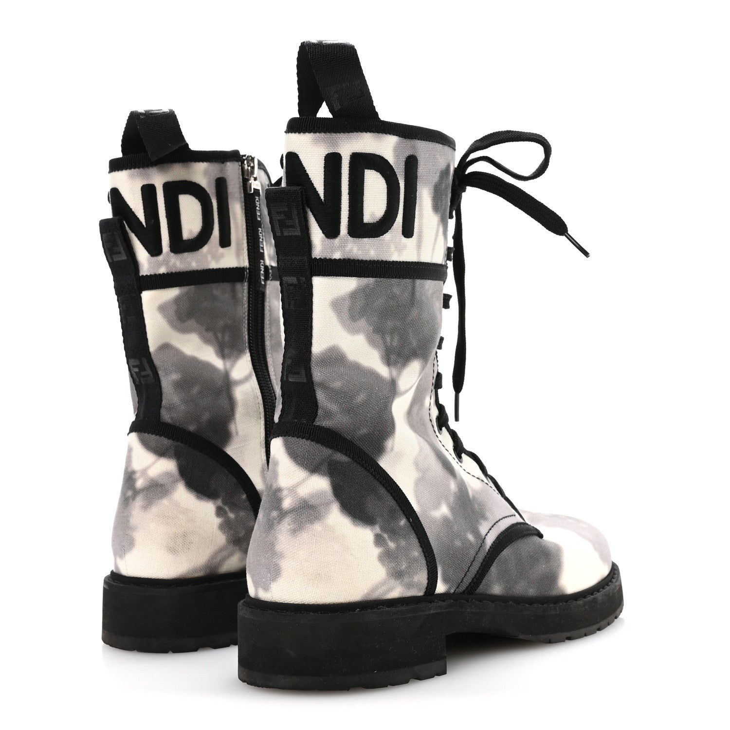 Fendi Canvas Floral Print Logo Bi-Color Womens Biker Boots 40 White Black 5 of 7
