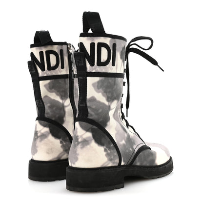 Fendi Canvas Floral Print Logo Bi-Color Womens Biker Boots 40 White Black 5 of 7