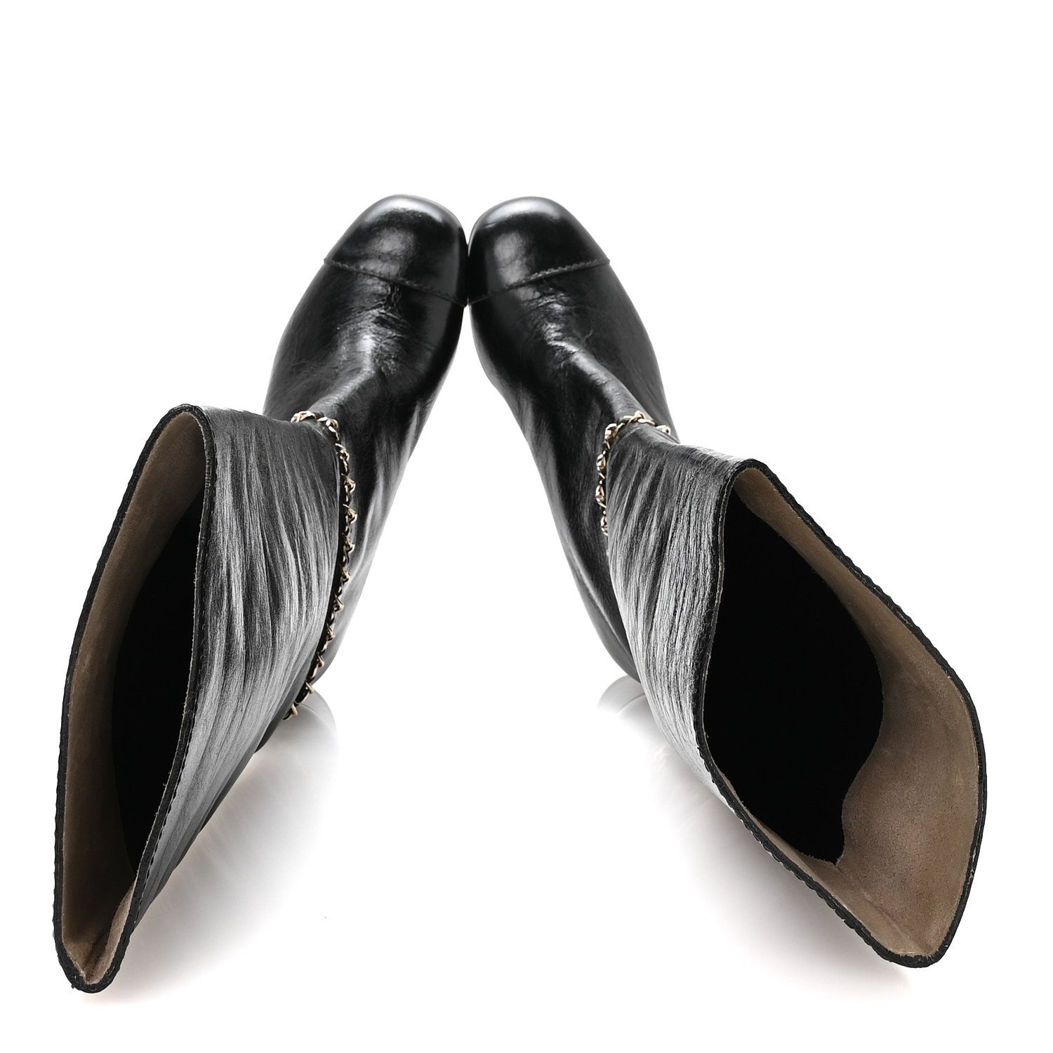 Chanel Crumpled Calfskin Cap Toe Chain Boots 36 Black 1869563