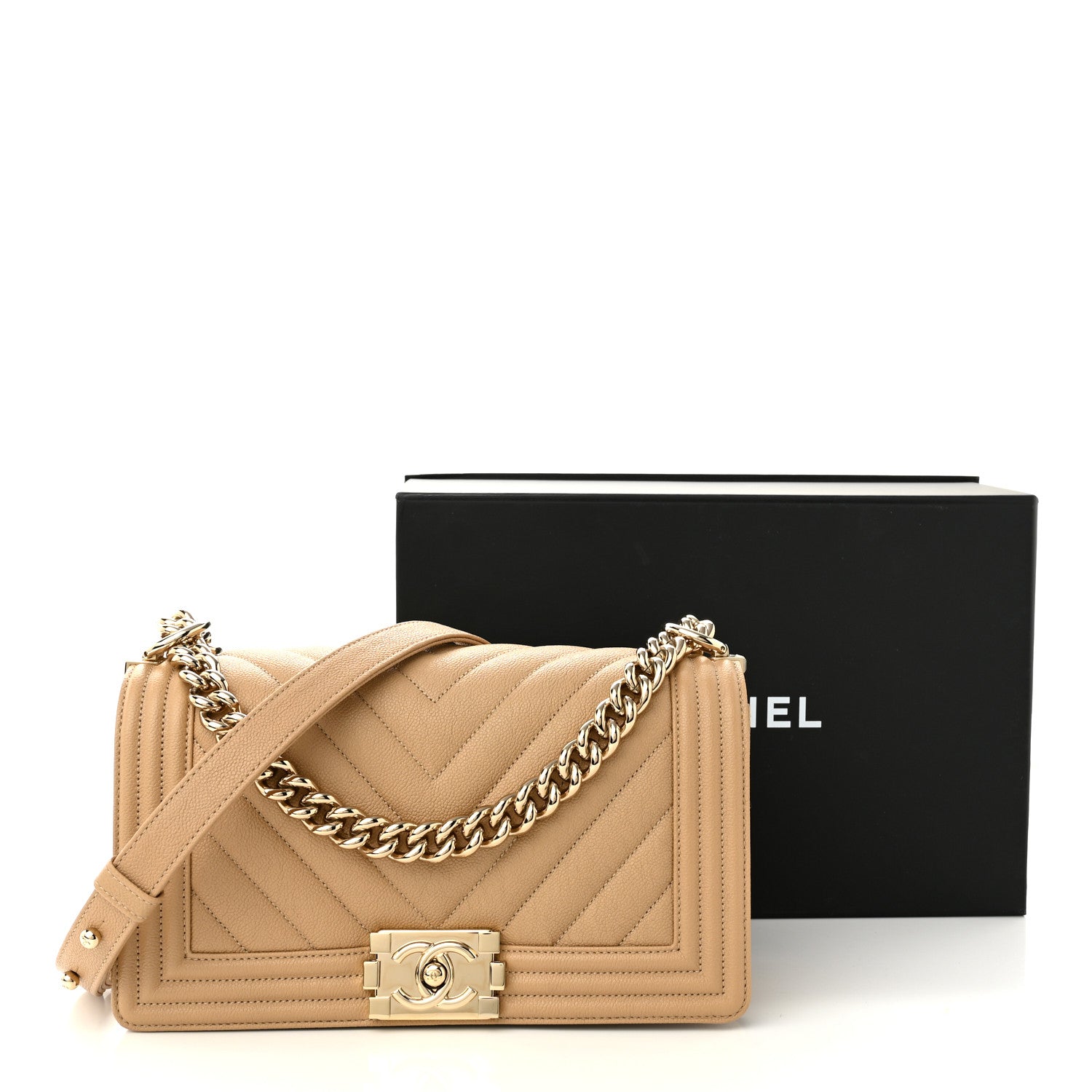 Chanel Caviar Chevron Quilted Medium Boy Flap Beige 10 of 10