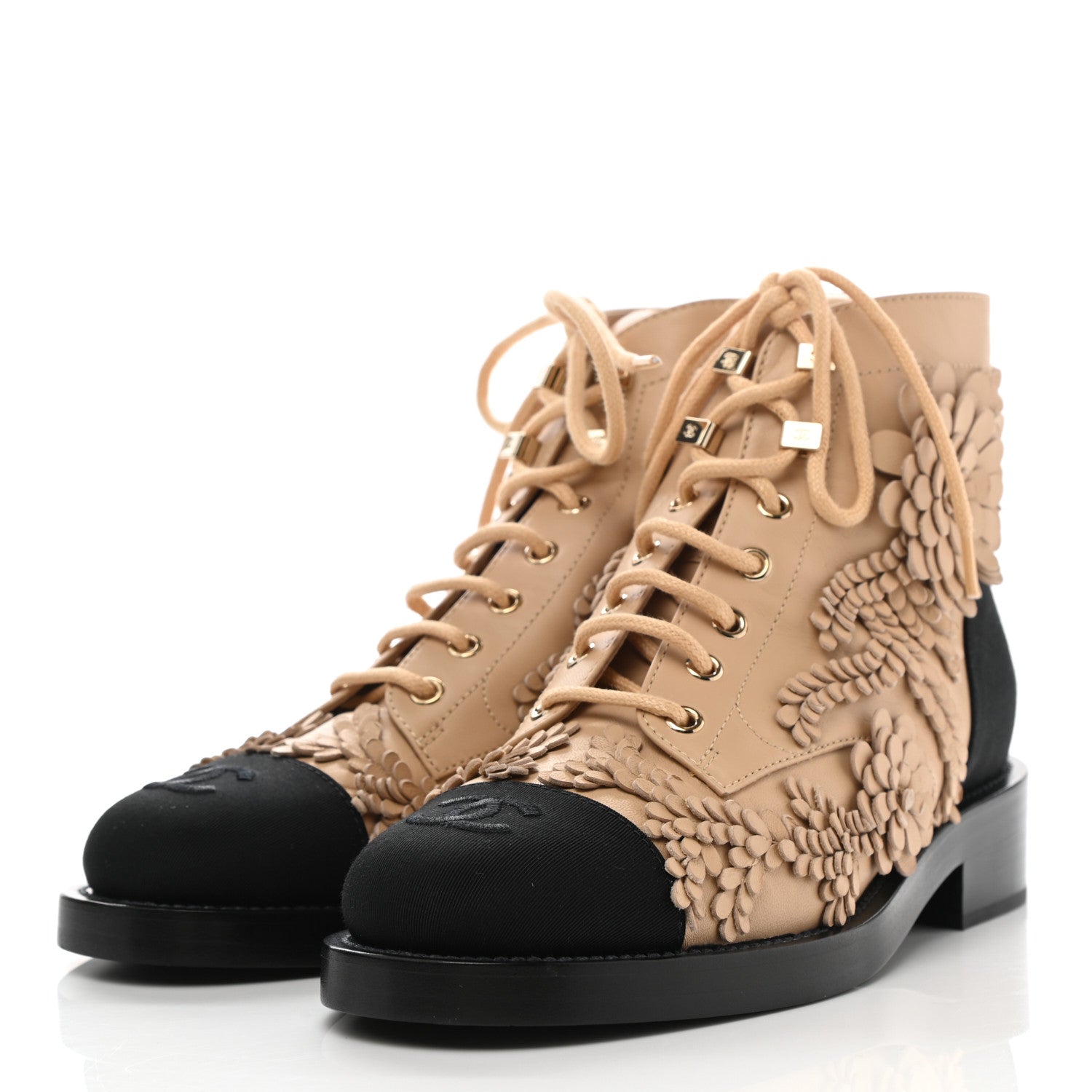 Chanel Embroidered Lambskin Grosgrain Lace Up Boots 37 Beige Black 3 of 9