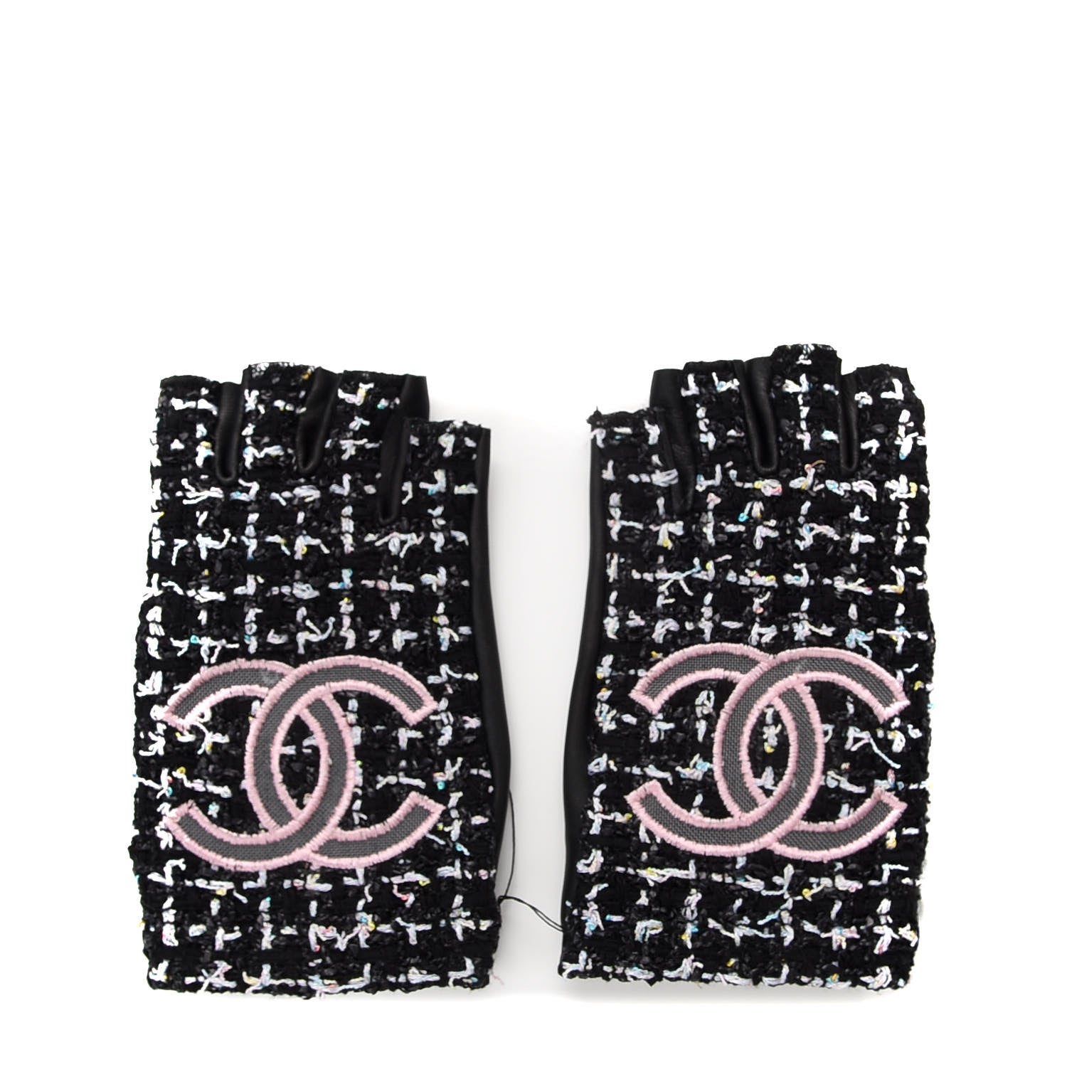 Chanel Fantasy Tweed CC Fingerless Gloves 8 Black White Pink 1 of 5