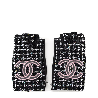 Chanel Fantasy Tweed CC Fingerless Gloves 8 Black White Pink 1 of 5