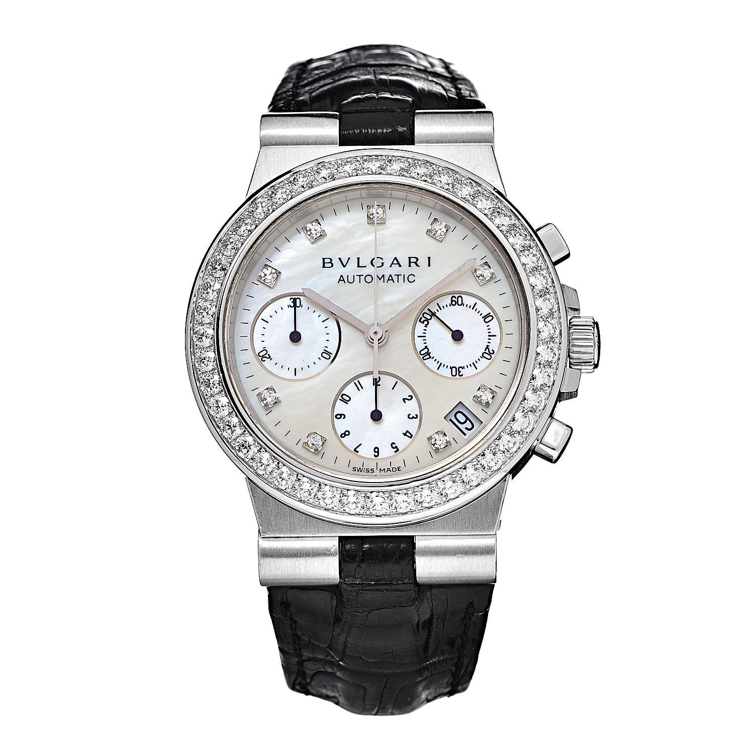 Bulgari 18K White Gold Alligator Diamond Bezel Mother of Pearl 35mm Diagono Chronograph Automatic Watch 1 of 6