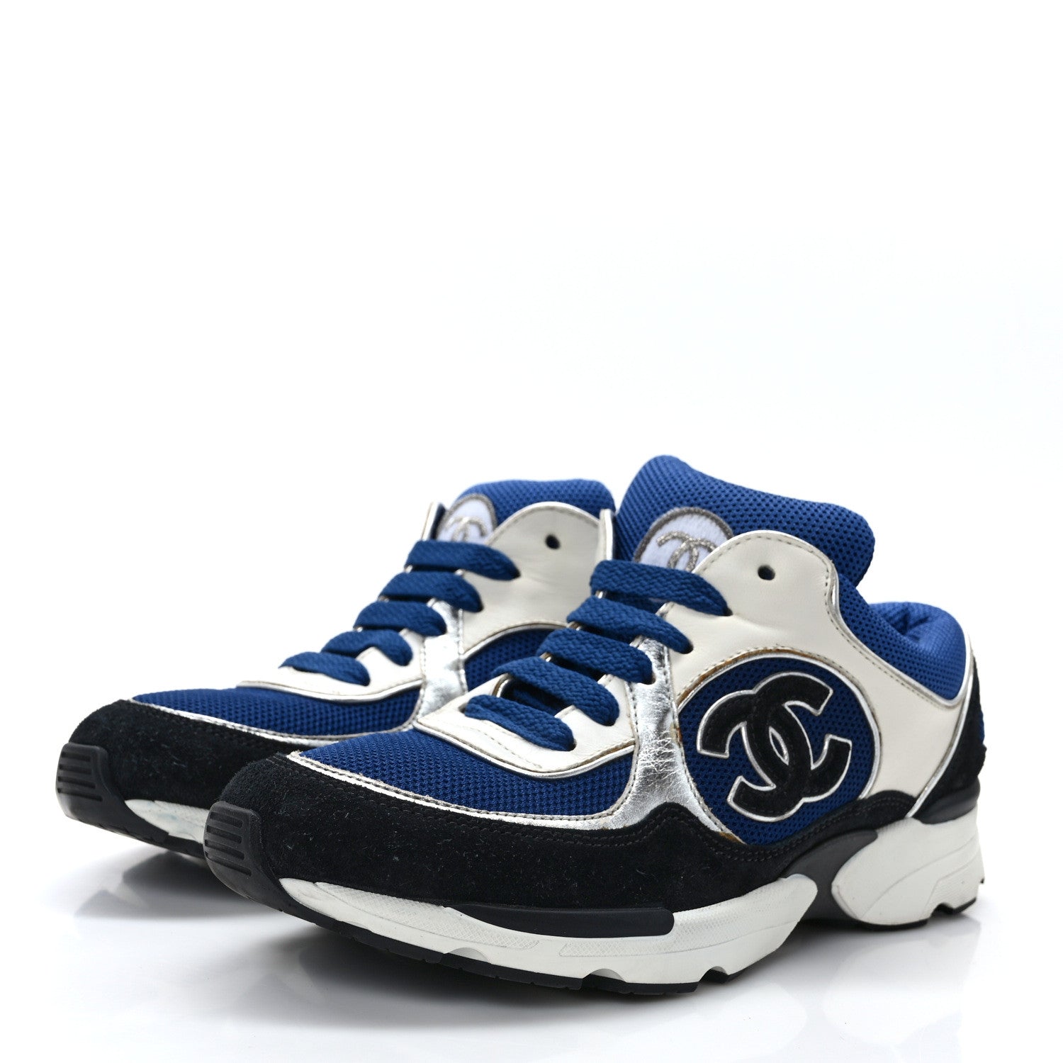 Chanel Mesh Suede Calfskin Womens CC Sneakers 36 Dark 36 Blue Black White 3 of 8