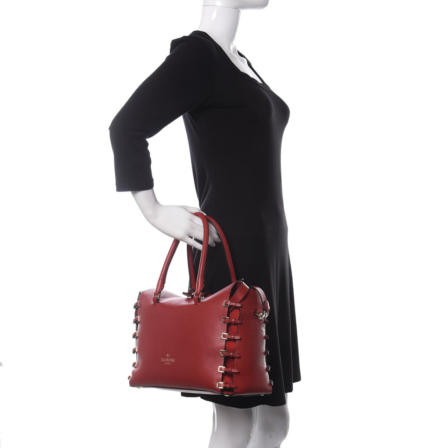 Vitello Buckle Trimmed Top Handle Satchel Red