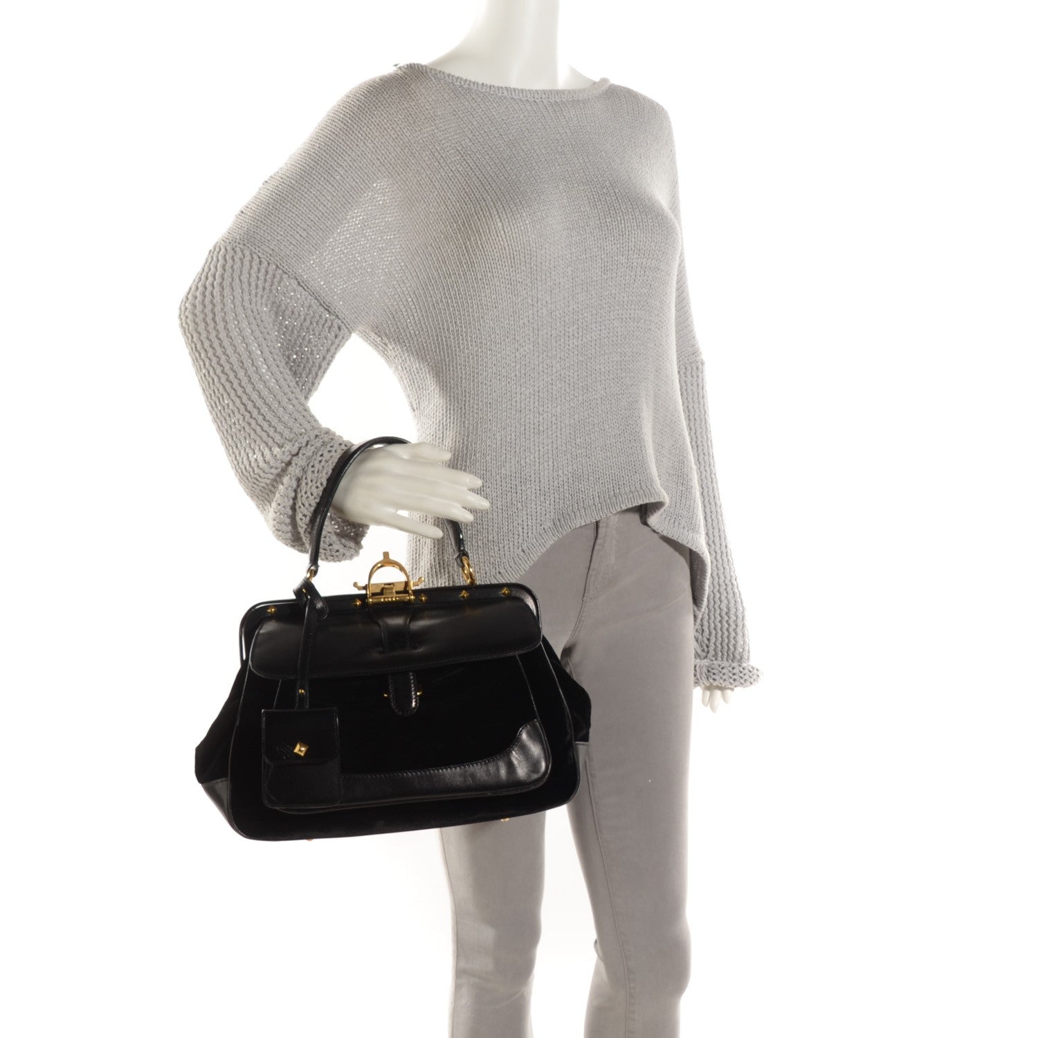 Gucci Velvet Diamante Leather Lady Stirrup Top Handle Bag Black 4 of 11