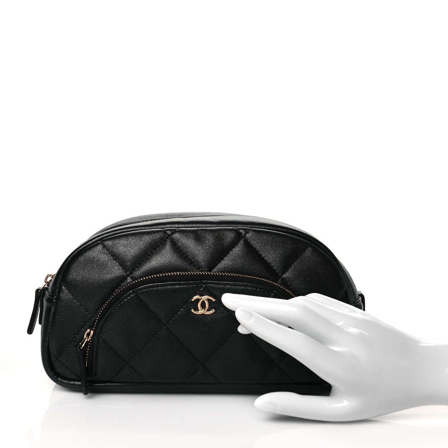 Lambskin Quilted Double Zip Pouch Black
