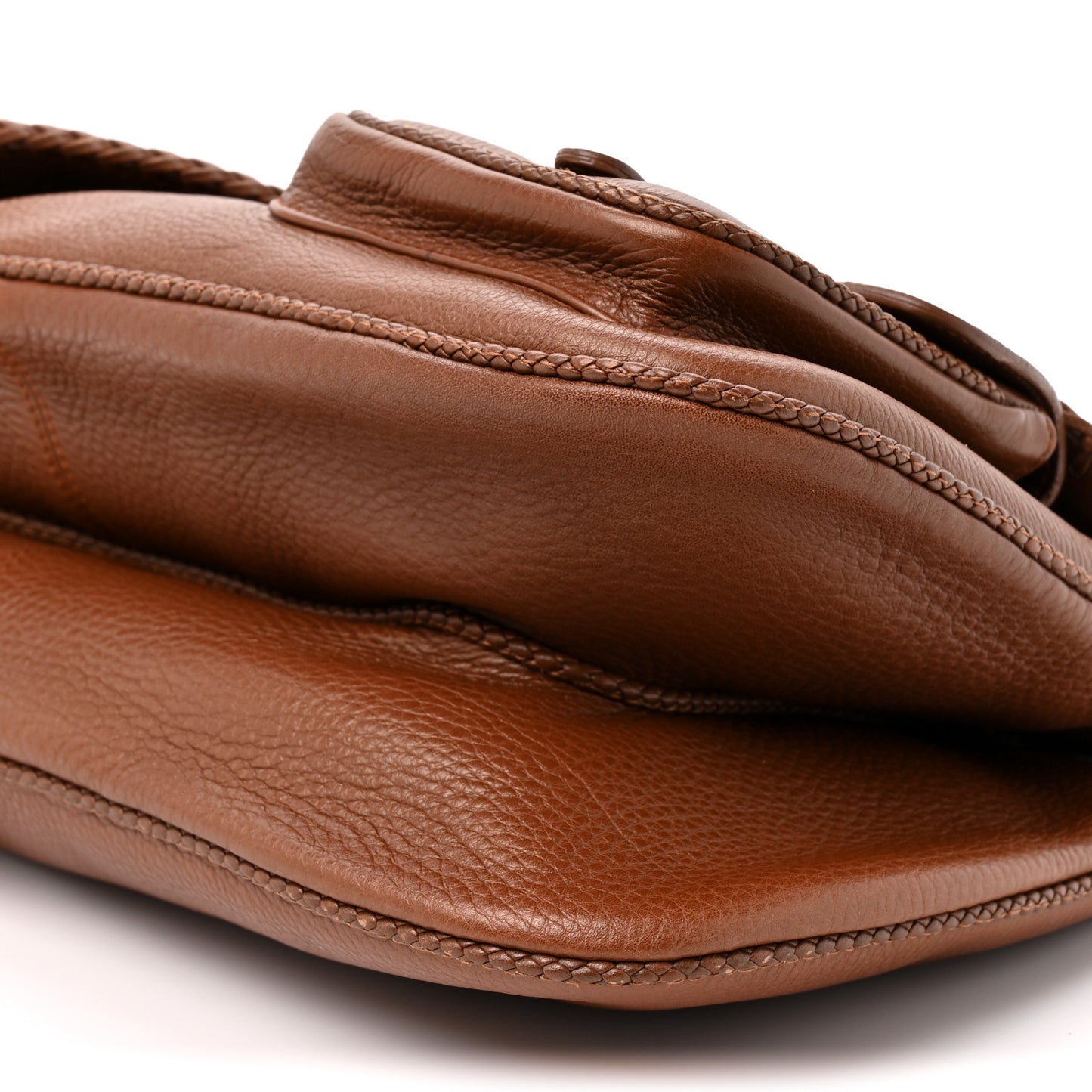 Pebbled Calfskin Braided Gaucho Saddle Handle Bag Brown