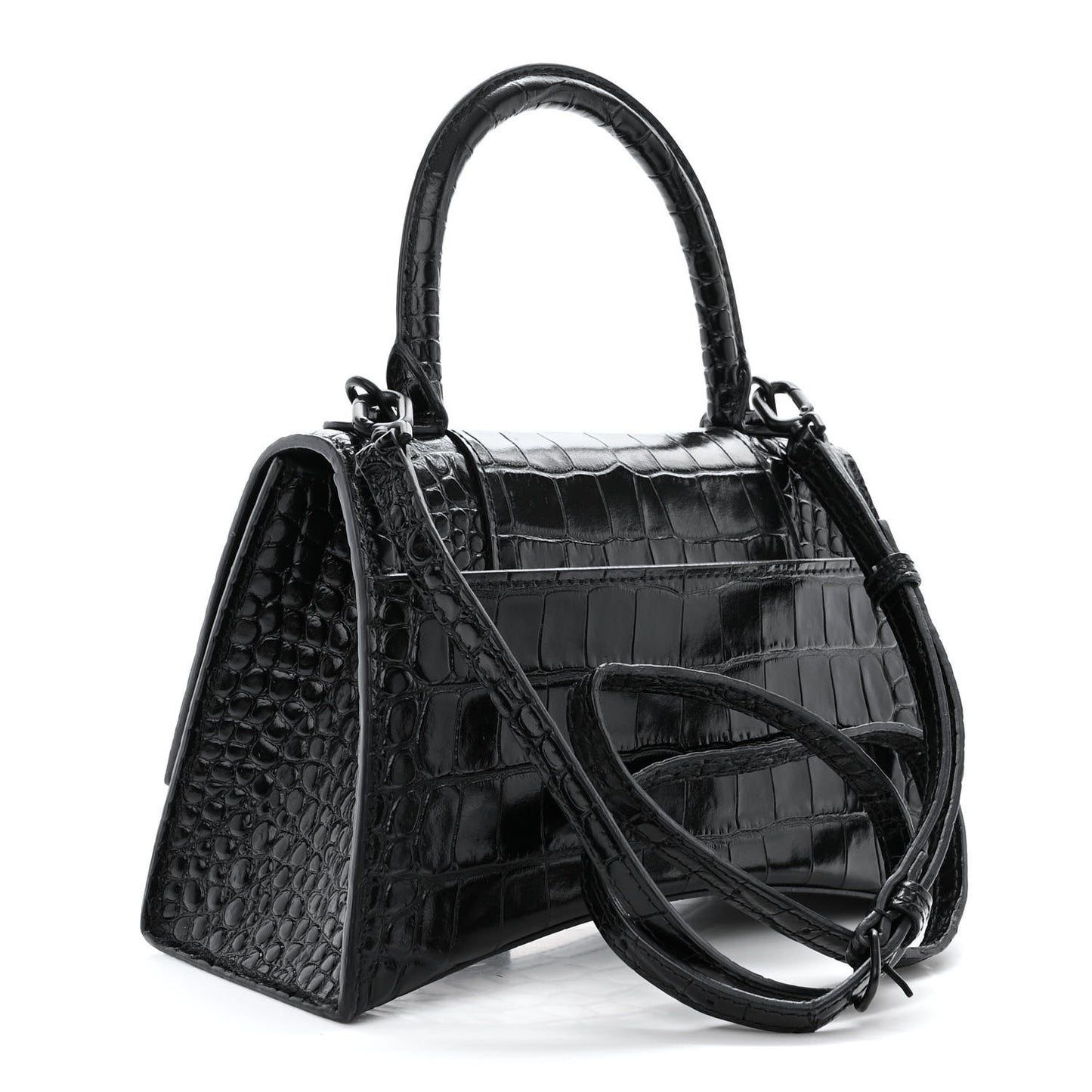 Shiny Calfskin Monochrome Crocodile Embossed Small Hourglass Top Handle Bag Black