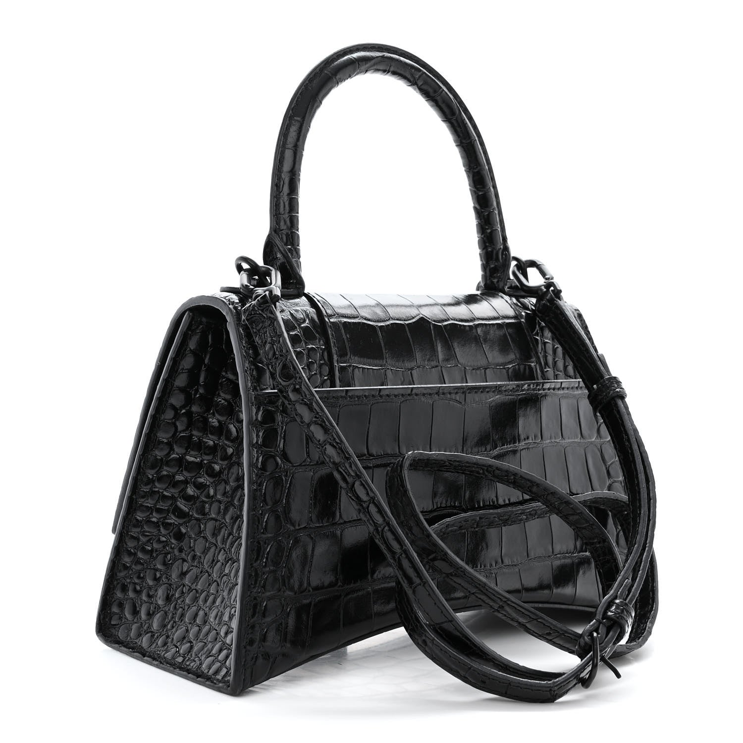 Balenciaga Shiny Calfskin Monochrome Crocodile Embossed Small Hourglass Top Handle Bag Black 3 of 15