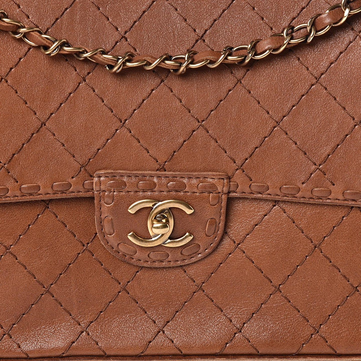 Calfskin Stitched Large Vintage Flap Brown
